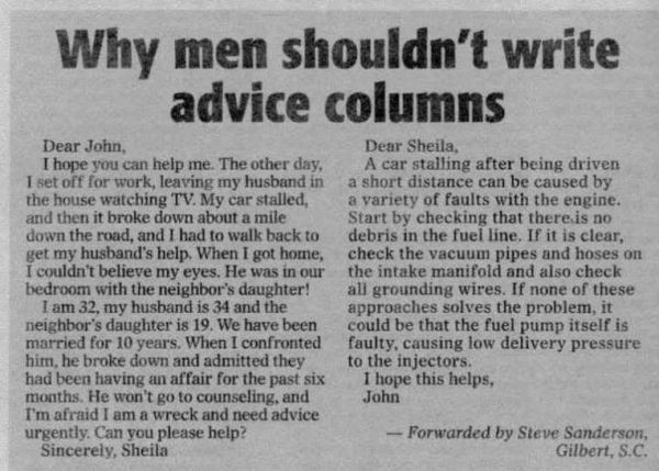 Men shouldn't write advice columns