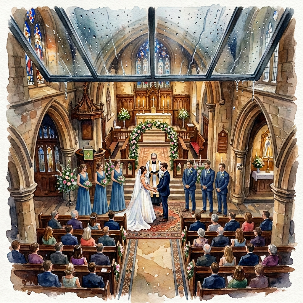 Bride and groom exchanging vows before an altar in a church